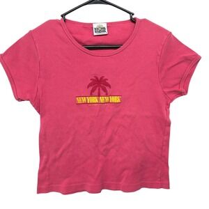 Y2K Vintage Baby Tee New York Palm Tree L‎ Pink Touristcore Retro Casual